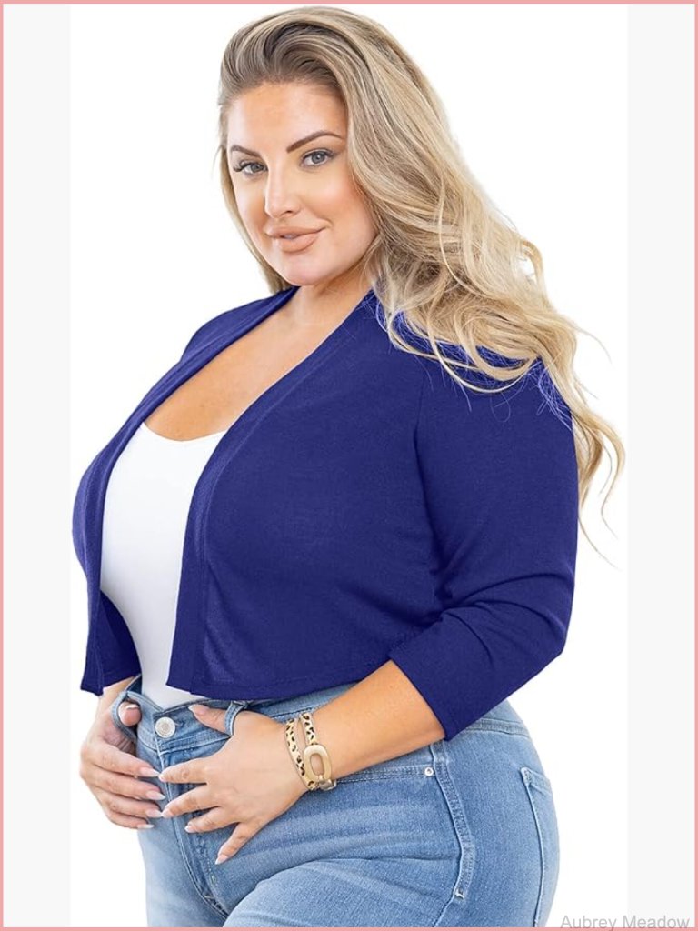 Women's Plus Size Cropped Shrug Cardigan 3/4 Sleeve Open Front Knit Lightweight